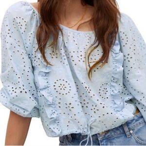 Joie Blue Eyelet Ruffle Puff Sleeve Bloyse